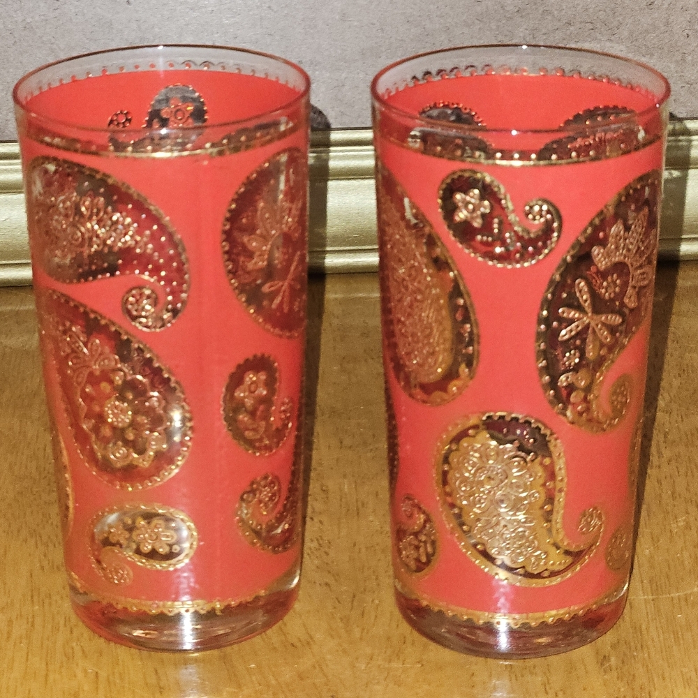 Vtg MCM Culver Red & Gold Paisley Highball Glass Tumbler 14 Ct 22k Gold 5.5" EUC